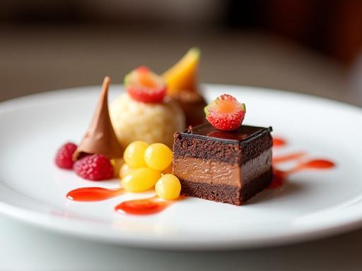 Ein kunstvoll angerichtetes, exquisites Dessert im Gourmet-Restaurant 'Le Sommet', ansprechend präsentiert.