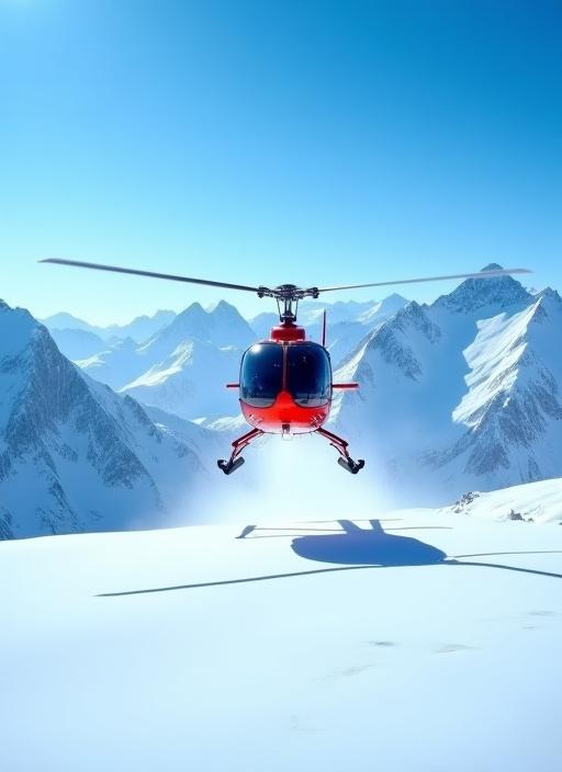 Ein heliskiing Helikopter hebt vor einem atemberaubenden Alpenpanorama ab, bereit für ein exklusives Abenteuer.
