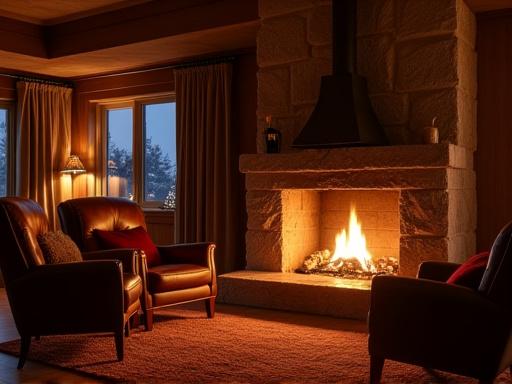 Eine gemütliche und luxuriöse Kamin-Lounge mit bequemen Ledersesseln und einem lodernden Feuer im Mistral Haus.